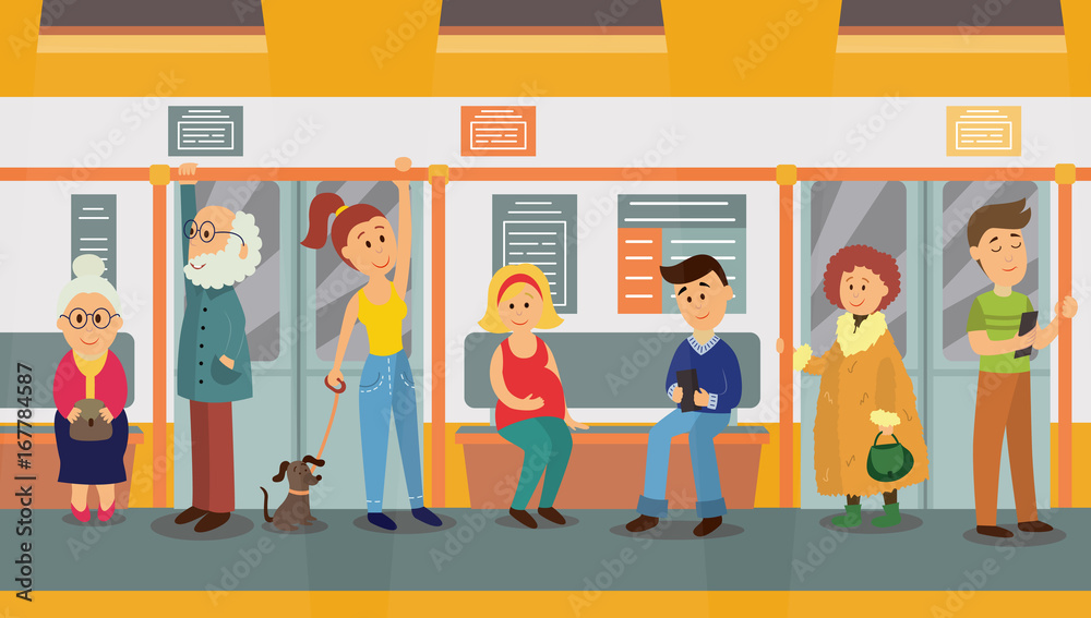 People in subway train car, sitting on seats, standing and holding handrails, cartoon vector illustration. Full length portrait of people, men and women, sitting and standing in subway train People in subway train car, sitting on seats, standing and holding handrails, cartoon vector illustration. Full length portrait of people, men and women, sitting and standing in subway train