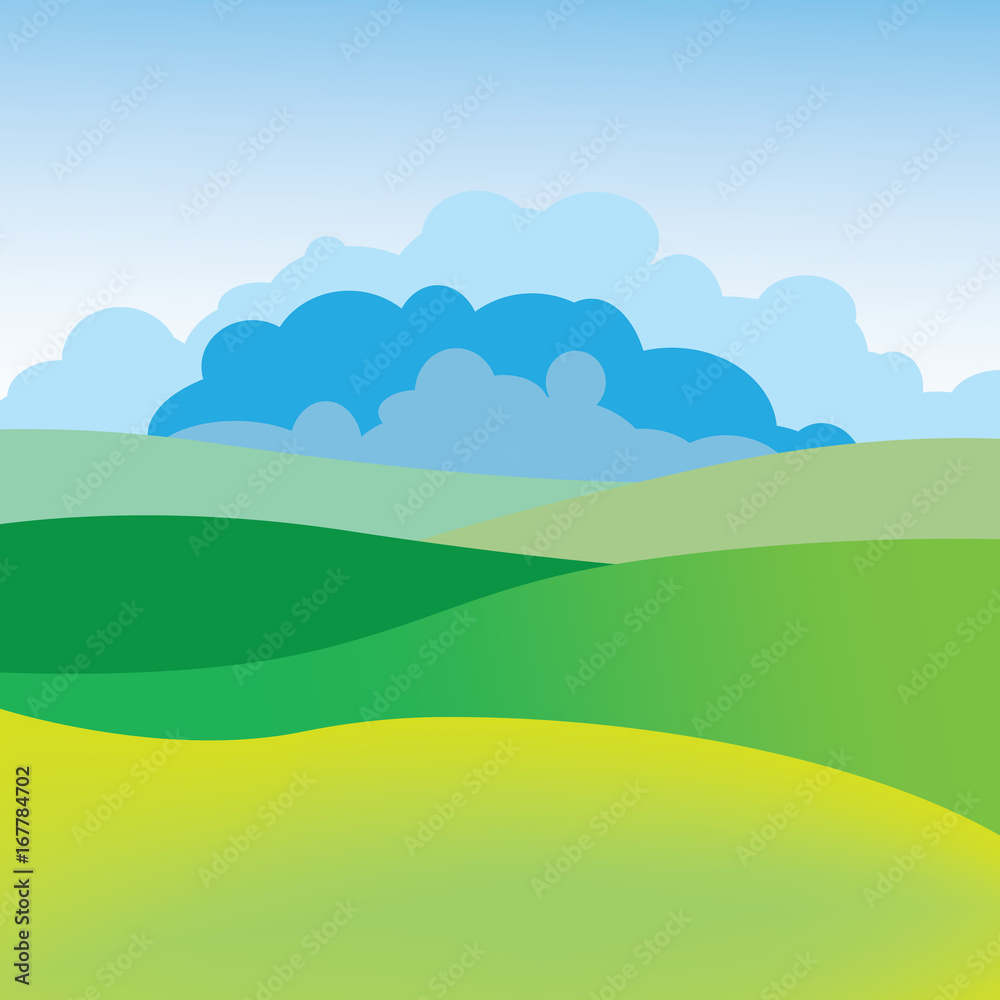 Simple Summer landscape. Image of meadow, the sky and clouds. Background for greeting cards, posters, flyers.