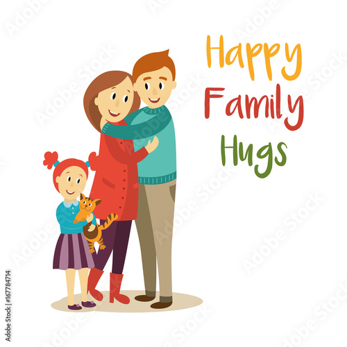 vector happy family hugs lettering inscription on background of happy adult couple hugging children and pet cat. Flat cartoon isolated illustration on a white background.