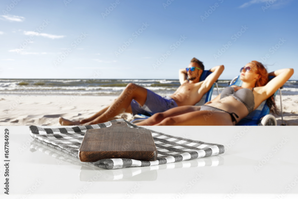 summer time on beach and desk of free space 