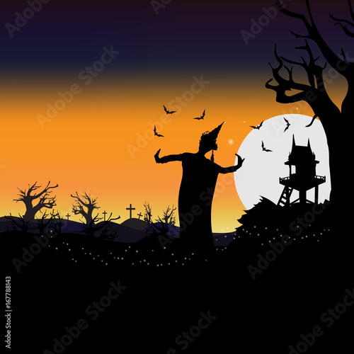 Halloween in Thai traditional style with ancient thai dance girl ghost illustration