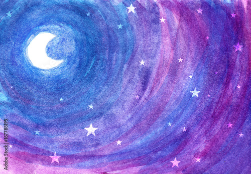 Fairy tale moon among stars at night in blue-purple watercolor background.