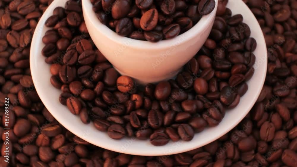 Coffee beans background rotation with a Cup of coffee beans Coffee beans background rotation with a Cup of coffee beans