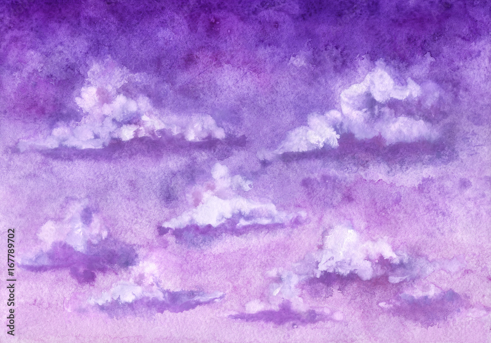Watercolor Purple Sky and Little White Clouds Watercolor Purple Sky and Little White Clouds