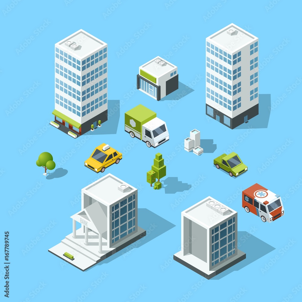 Set of isometric cartoon-style buildings, trees and cars. Architecture template illustration