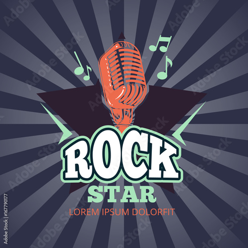 Retro karaoke music club, audio record studio vector logo, badge with microphone and star on sunburst background