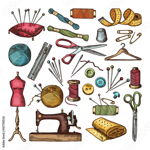 Colored pictures of different tools for needlework or sewing workshop