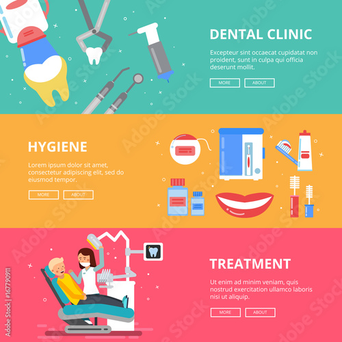 Three horizontal banners of medicine concept. Dental pictures of drilling teeth. Medical accessories of dentist