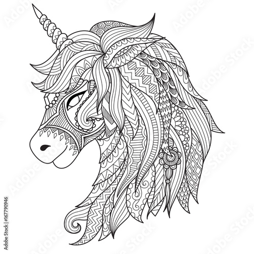 Drawing unicorn zentangle style for coloring book, tattoo, shirt design, logo, sign. stylized illustration of horse unicorn in tangle doodle style.