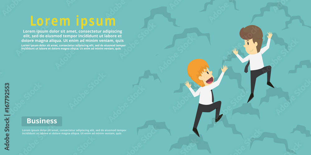 Two businessman climbing on the top of the mountain.Cartoon of business success is the concept of the man characters business,can be used as a background, banner, infographics. vector illustration Two businessman climbing on the top of the mountain.Cartoon of business success is the concept of the man characters business,can be used as a background, banner, infographics. vector illustration