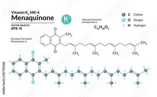 Structural chemical molecular formula and model of Menaquinone-4. Atoms are represented as spheres with color coding isolated on background. 2d, 3d visualization. Skeletal formula. Vector illustration