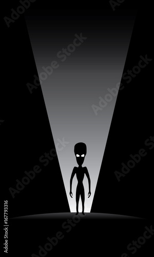 alien silhouette against light beam in darkness, science fiction vector