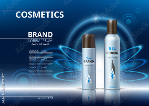 Digital Vector Realistic Cosmetics bottles. Body gel and foam products. 3d set collection for shaving with sparkling effects background