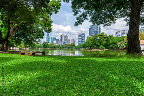 Green grass field in park at city center with business buildings in Bangkok, Thailand