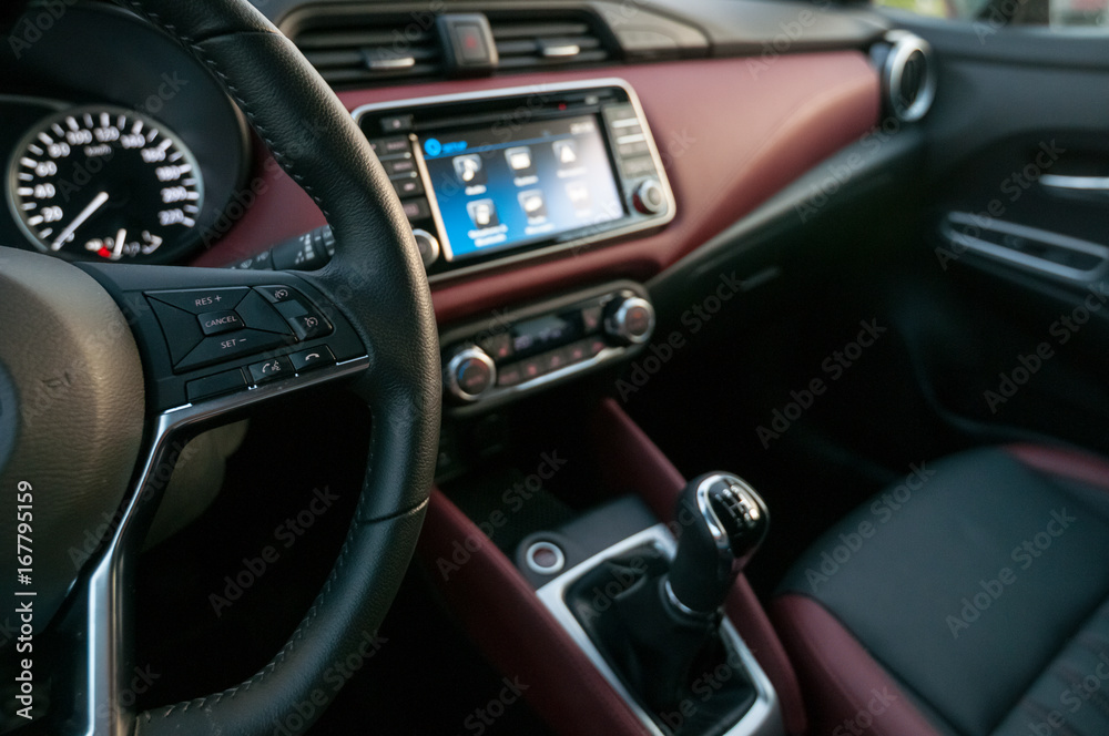 Interior of the new car with infotainment display with touch screen.
