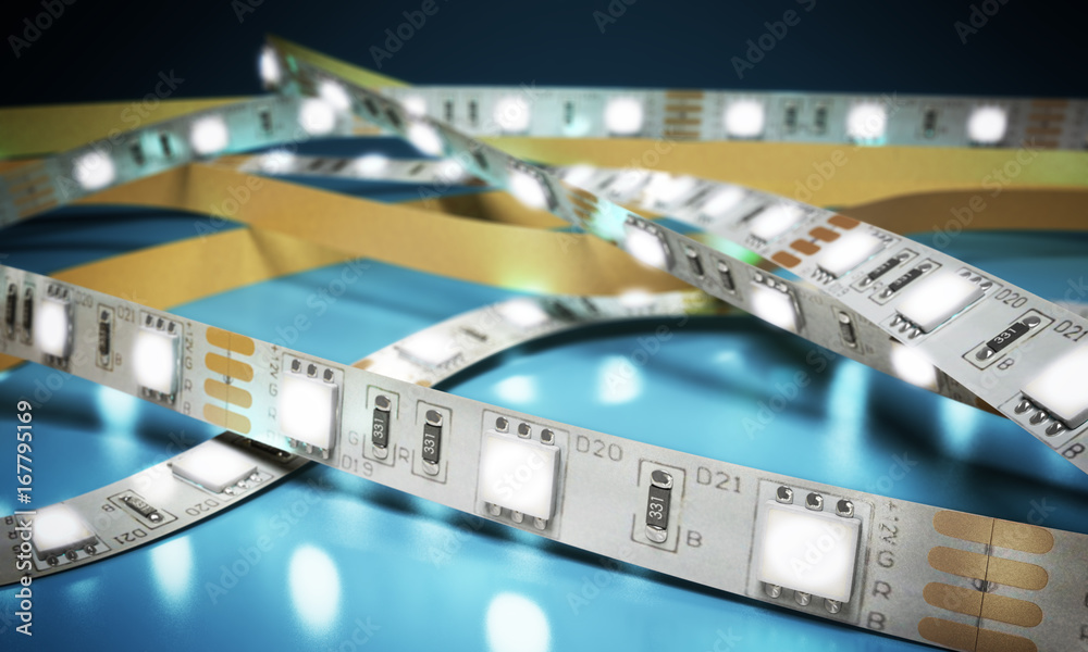 Diode strip Led lights tape close-up 3d render on blue