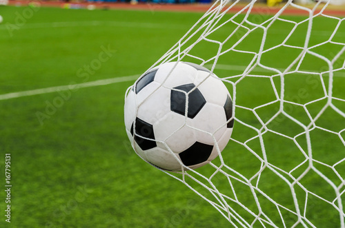 Soccer football in Goal net with green grass field.