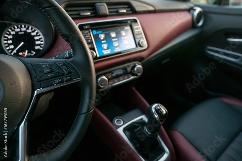 Interior of the new car with infotainment display with touch screen. © vpilkauskas