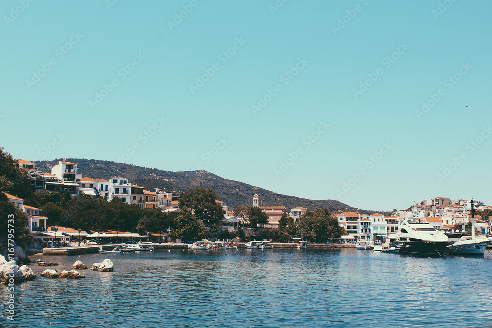 Greek island of Skiathos summer travel background, vacation, relaxation.