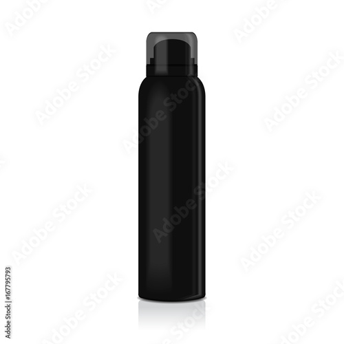 Blank deodorant spray for women or men. Vector mock up template of black metal bottle with transparent cap
