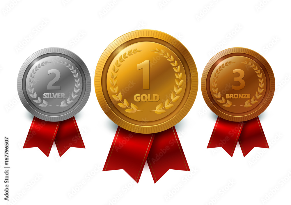 Champion gold, silver and bronze award medals with red ribbons set. Vector Illustration Champion gold, silver and bronze award medals with red ribbons set. Vector Illustration