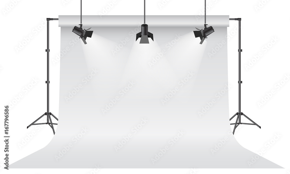 Empty photo studio. Realistic 3D white backdrop paper with tripod mock up design. Gray background. Empty photo studio. Realistic 3D white backdrop paper with tripod mock up design. Gray background.