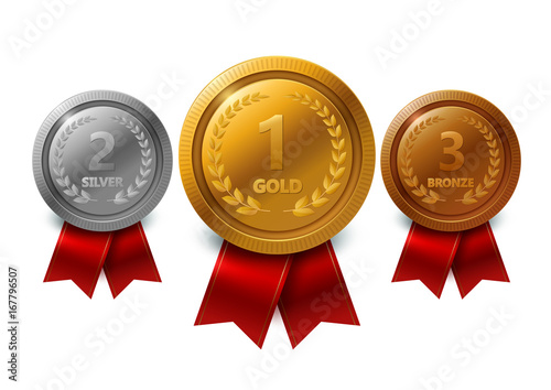 Champion gold, silver and bronze award medals with red ribbons set. Vector Illustration