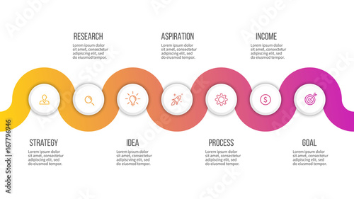 Business infographics. Presentation with 7 options, circles. Vector template.