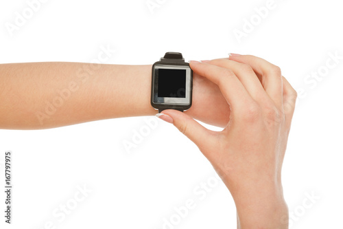 Female hand wearing smart watch, crop, cut out