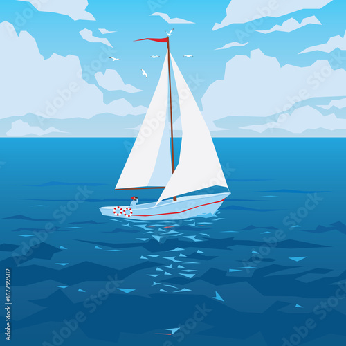 White boat with sail and red flag.
