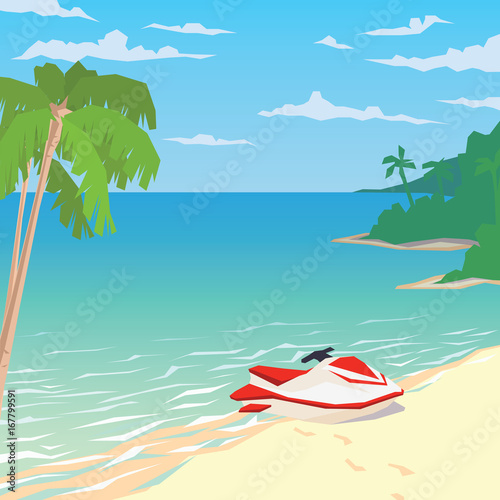 Water bike on sandy beach with palms.