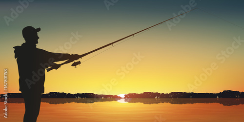 Pêche à la ligne - pêcheur - pêche - lac - canne à pêche - poisson - coucher de soleil