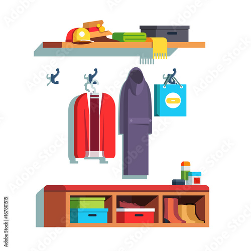 Home hallway interior with wall hooks and shelves