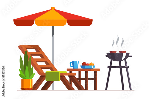 Backyard design with lounger and grill for bbq
