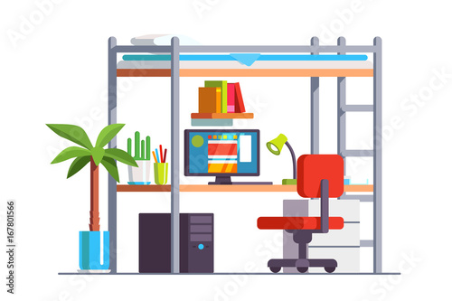 Dormitory bedroom with desk, computer, bunk bed