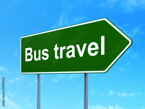 Tourism concept: Bus Travel on road sign background
