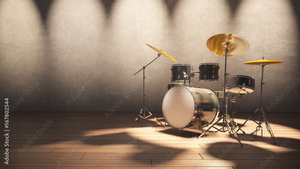 Drum set at the concert light and modern loft wall style background 