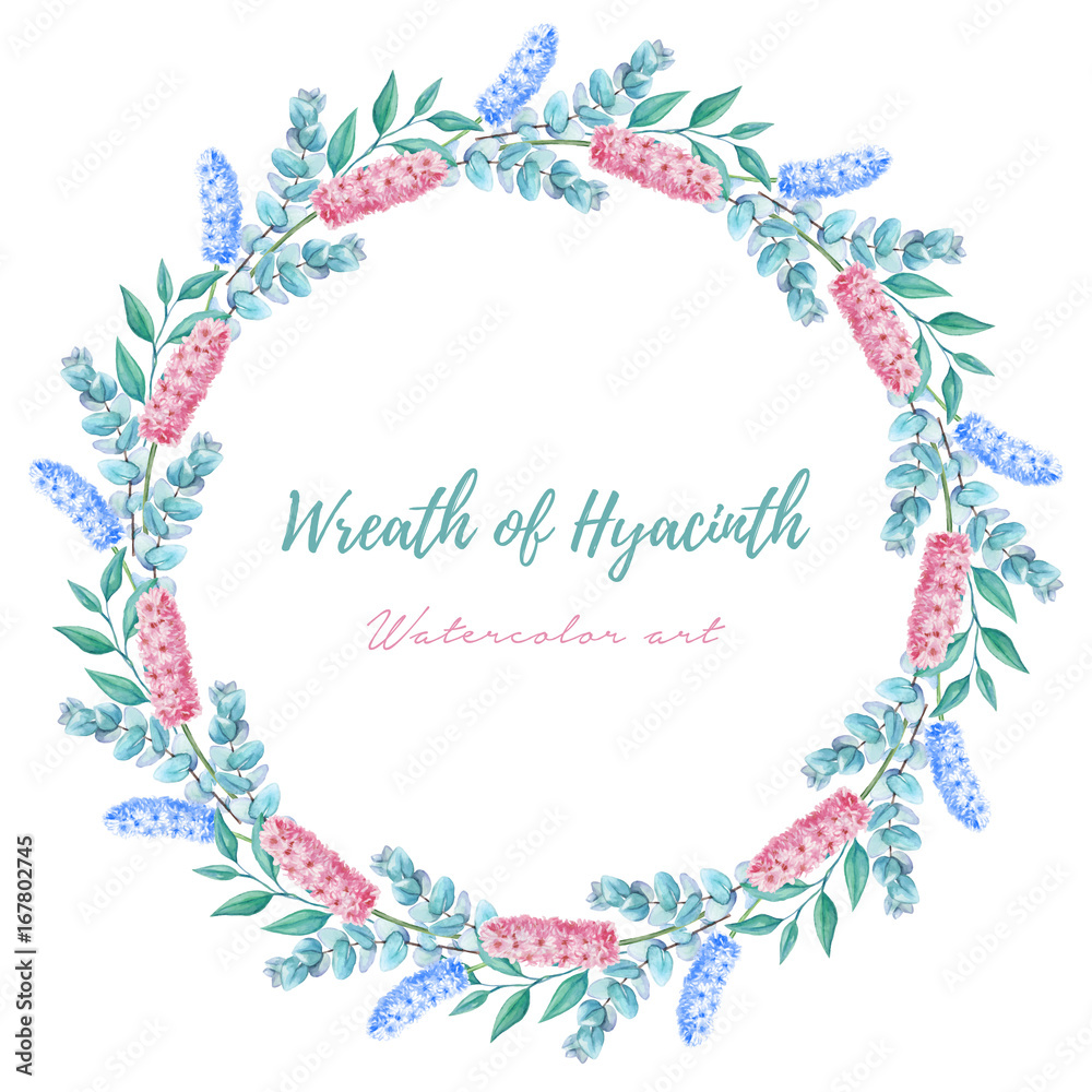 Wreath of hyacinth and eucalyptus in watercolor style