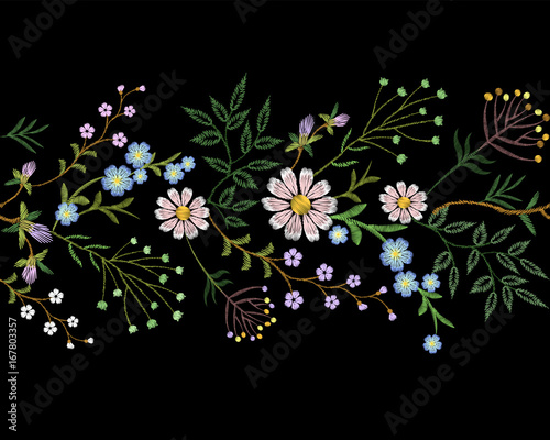 Embroidery trend floral border small branches herb leaf with little blue violet flower daisy chamomile. Ornate traditional folk fashion patch design neckline blossom background vector illustration
