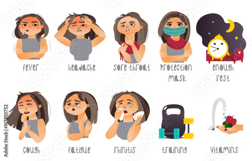 Set of flu, influenza symptoms and curing - headache, rhinitis, coughing, sore throat, cartoon vector illustration isolated on white background. Set of flu symptoms and ways to prevent illness