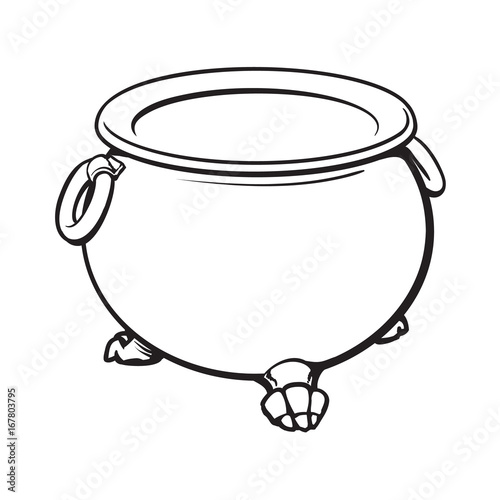 black and white cauldron with boiling green potion inside, sketch style vector illustration isolated on white background. Hand drawn, sketch style caldron, caulron, witchcraft accessory