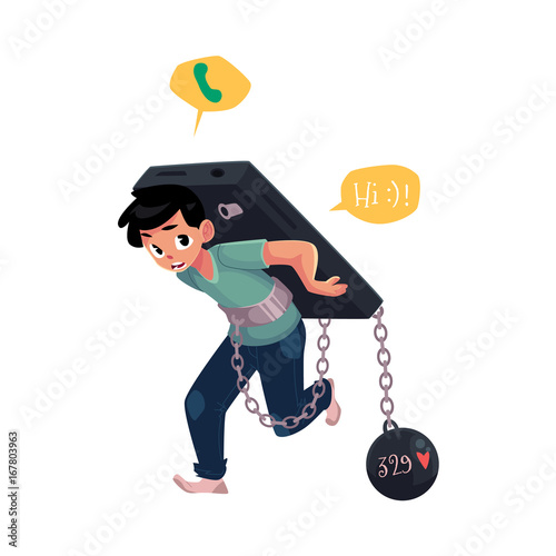 Teenage boy chained to huge smartphone, phone dependence concept, cartoon vector illustration isolated on white background. Boy chained to, carrying huge phone, dependence on likes, chatting, messages