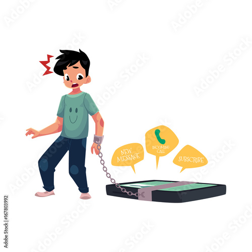 Teenage boy with huge smartphone chained to hand, phone dependence concept, cartoon vector illustration isolated on white background. Boy chained to huge phone, dependence on likes, calls, messages