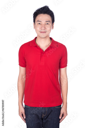 man in red polo shirt isolated on white background