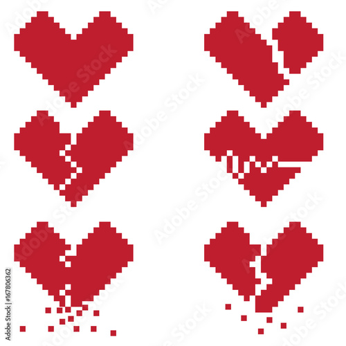 A broken heart is a set of six pixel icons symbolizing a broken love or life. Pictures can be used to create illustrations, prints, or for the design of computer and console games