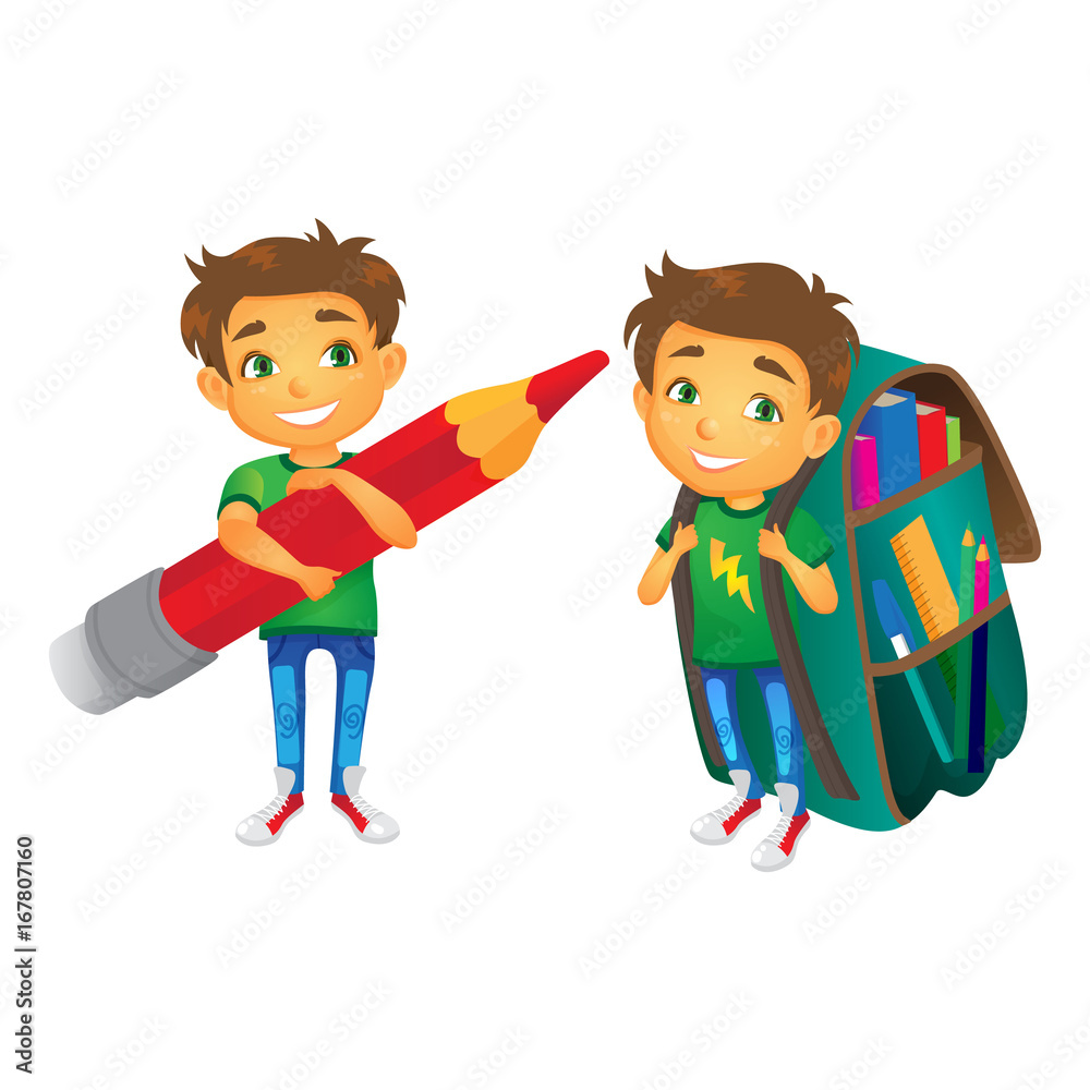 vector cartoon small schoolboy wearing big huge schoolbag full of books smiles, another boy keeping big pencil . Isolated flat illustration on a white background. Back to school concept vector cartoon small schoolboy wearing big huge schoolbag full of books smiles, another boy keeping big pencil . Isolated flat illustration on a white background. Back to school concept