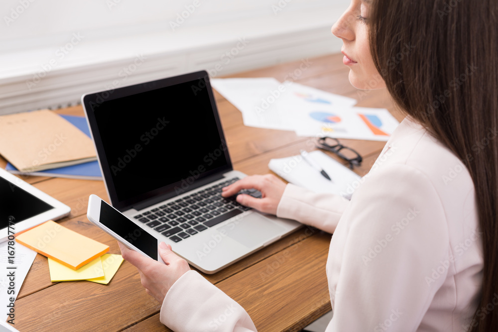 Business woman using phone with blank screen Business woman using phone with blank screen