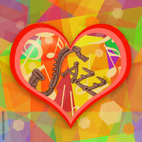 Jazz music love background with saxophone and heart