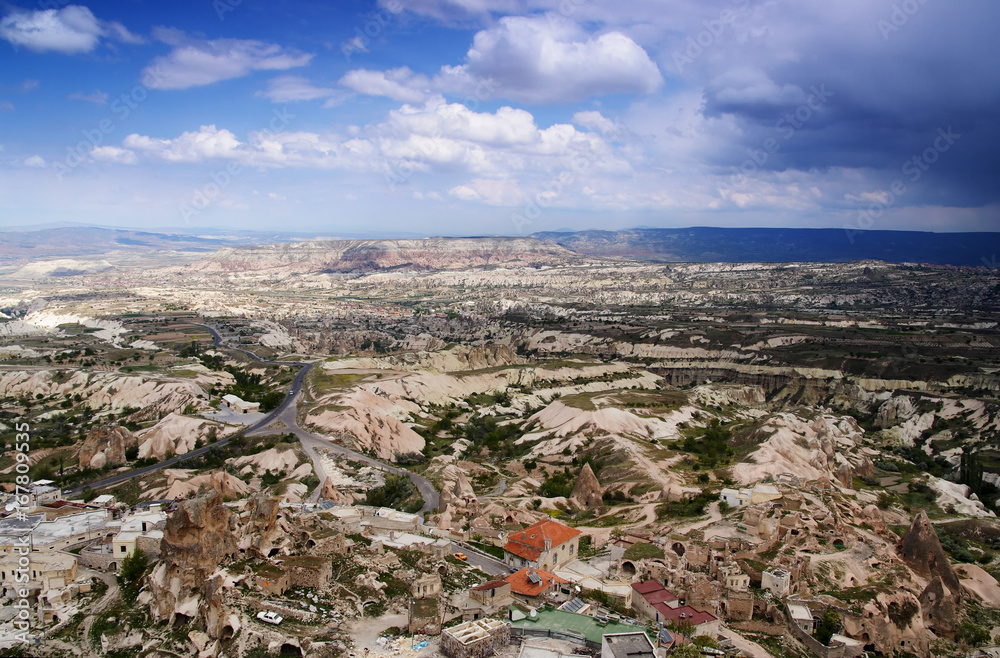 View from the top of the cave city Uchhisar. Uchhisar City, Cappadocia, Turkey.