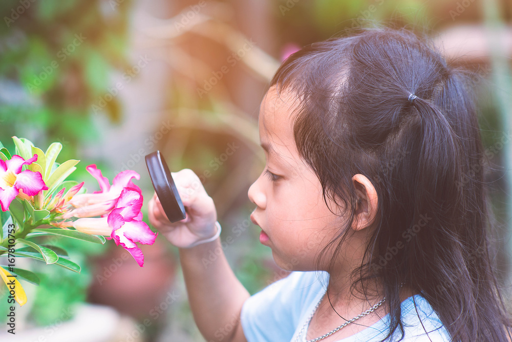 Children watching flowers with a magnifying glass. Children watching flowers with a magnifying glass.